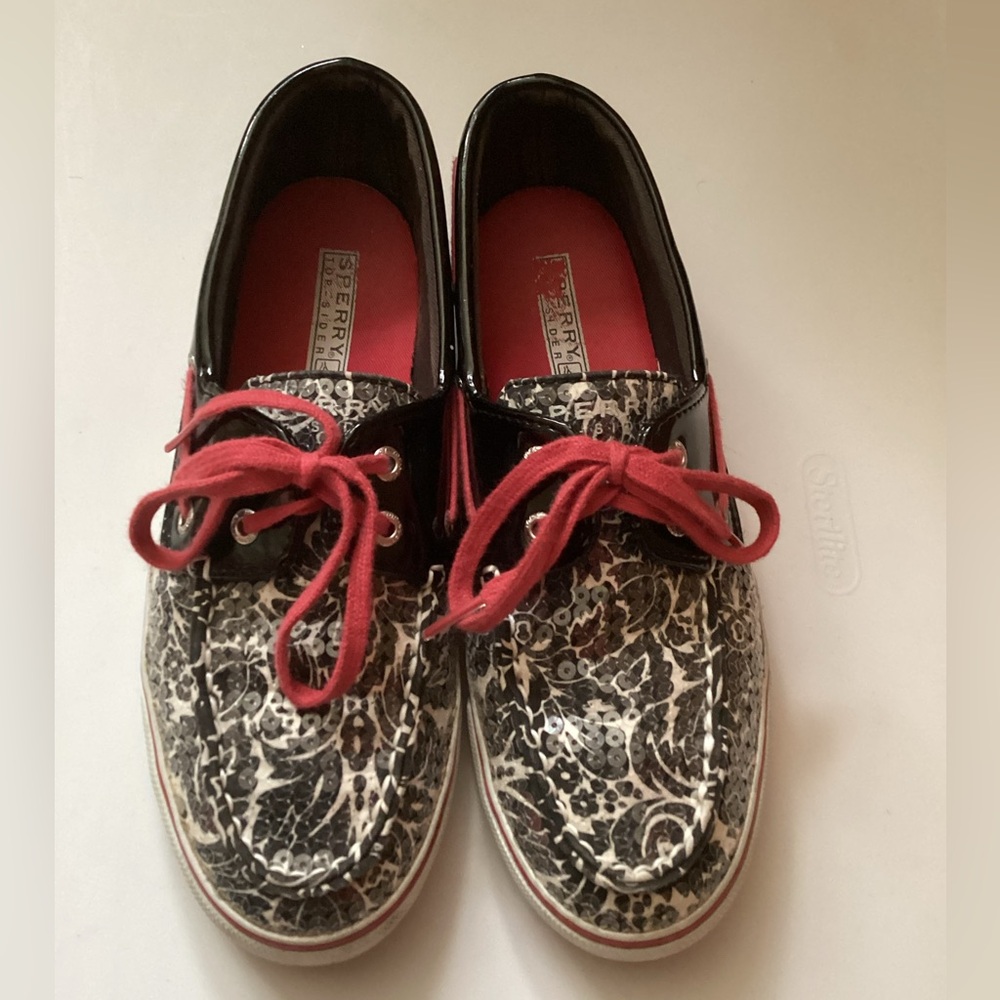 💗 SPERRY Topsider sequin boat shoe Sz 7 deck coastal beach flats slip-o…